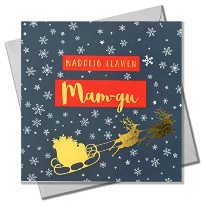 Image of Welsh Christmas Card, Mam gu, Grandma Snowflakes &amp; Sleigh, text foiled in shiny gold