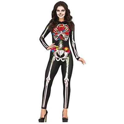 Image of FIESTAS GUIRCA Bones and Roses Day Of The Dead Jumpsuit Flowered Skeleton Catsuit Halloween Costume Adult Women Adults Fancy Dress Costumes Size M 10 12