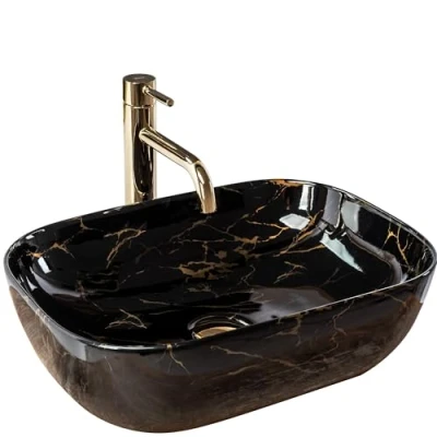 Image of REA Schwarz Black Bathroom Sink Made of Ceramic Belinda Marble Matt black/gold U8907