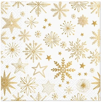 Image of 20 Napkins Christmas Snowflakes and Crystals in Gold as Table Decoration Paper with Motif Also for Decoupage 33 x cm