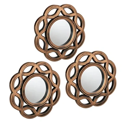 Image of Relaxdays Set of 3 Mirrors, Round, Ø 25 cm, Wall Mounted, Plastic Frame, Vintage Style, Bedroom &amp; Hallway, Gold/Black, Glass, Real Wax