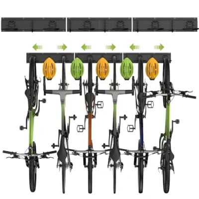 Image of Housolution Bike Storage Rack 48Inch for 6 Bikes + 5 Helmets, Up to 300lbs, Heavy Duty Hangers Garage, Hooks Solid Steel Bicycle Storage, Wall Mount, Black