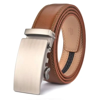 Image of Nelbons Men&#039;s Belt, Leather Ratchet Belt for Men with Slide Buckle,Trim to Fit width 3.5cm 1 3/8 inch…