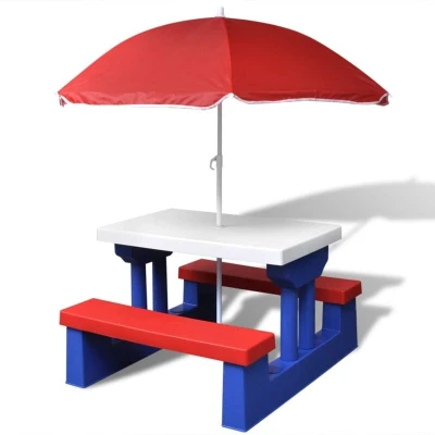 Image of vidaXL Multicoloured Kids&#039; Picnic Table with Benches Outdoor Safe and Durable Play seat Parasol, Easy to clean, Made from PP Steel