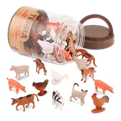 Image of Terra by Battat 60 Farm Animals Assorted miniature, cows, pigs, chickens, geese, goats, cats and more, figurine for kids 3 Years + (60 Pc)