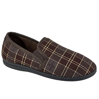 Image of Sleepers Mens Dale Twin Gusset Slip On Carpet Slippers Brown Check Sizes 6 14 Size 13 8 UK