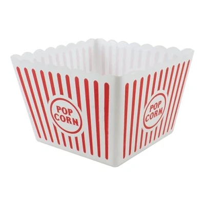 Image of Popcorn&#039; Large White &amp; Red Plastic Holder (22.5 x 17.5 15.2 cm) 1 Piece Reusable Stylish Printed Stripe Design, Perfect for Group Gatherings Retro Movie Nights