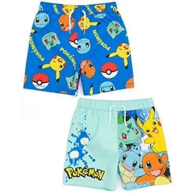 Image of Pokemon Boys Swim Shorts Blue Swimming Pants for Kids Squirtle, Pikachu, Charmander &amp; Bulbasaur Set of Two Gamer Swimwear Trunks Fun Beachwear Merchandise Bundle Gift Children