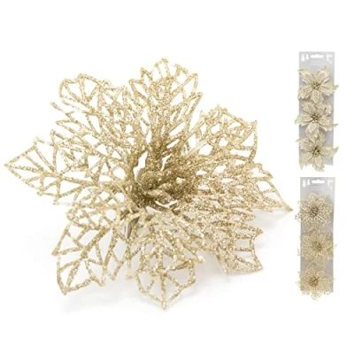 Image of Pack Of 2 Champagne Gold Christmas Tree Flower Decorations Glitter Poinsettia Flowers Wreath Artificial Decor