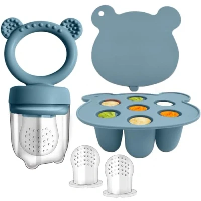 Image of WeSweet Fruit Feeder for Baby Silicone Food Breastmilk Popsicle Freezer Molds Teething &amp; Infant Self Feeding Ideal Mum to Be Gifts (Blue Set)