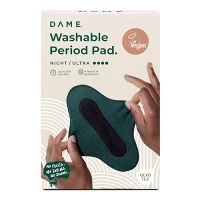 Image of Dame Reusable Period Pad Night Ultimate Comfort &amp; Protection Organic Cotton Leak Proof Odour Control Washable Menstrual Pads for Heavy Flows, Black