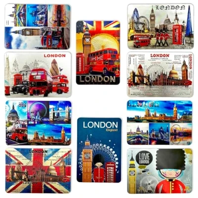 Image of 10 London Souvenirs Shiny Photo Magnets Union Jack British England Landmarks Picture Fridge Magnet