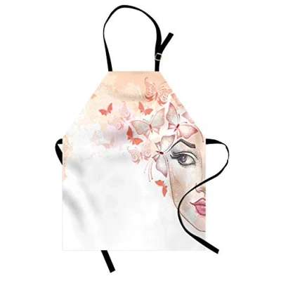 Image of ABAKUHAUS Eyebrow Apron, Half Face and Butterflies, Unisex Kitchen Bib Apron with Adjustable Neck for Cooking Baking Gardening, Pink Coral