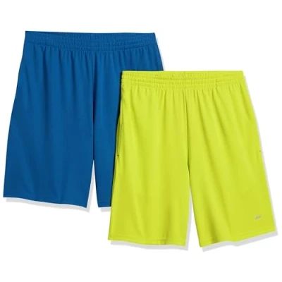 Image of Amazon Essentials Men&#039;s Performance Tech Loose Fit Shorts (Available in Big &amp; Tall), Pack of 2, Blue/Neon Lime Green, XXL Plus