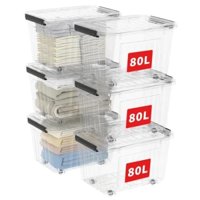Image of Cetomo 80L*6 Storage Boxes with Wheels, Plastic Bins Lids, Latching Buckles, Click Closure, Stackable, Nestable, Organizer for Home Office Clothes, Clear, 80L 6 Pack