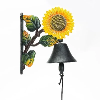 Image of Sungmor Heavy Duty Cast Iron Wall Bell Decorative Hand painted Sunflower Manually Shaking Hanging Doorbell Indoor Outdoor Mounted Dinner Garden Home Decoration