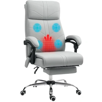 Image of Vinsetto Office Chair with 4 point Vibration Massage and Heat, PU Leather High Back Recliner Desk Adjustable Height, Armrest, Footrest, Swivel Computer for Home, Light Grey