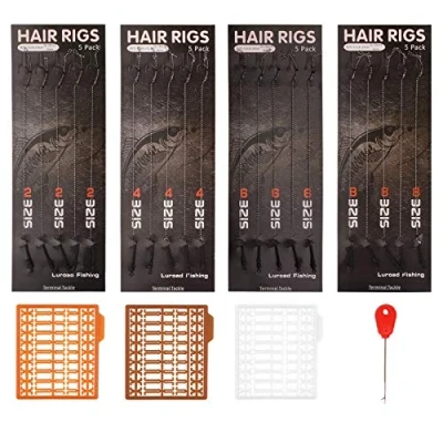 Image of Luroad Carp Fishing Hair Rigs, 20 Pcs Curved Barbless Hook Anti Tangle Swivel Braided Thread line with 3 Card Boilie Bait Stops Dumbell Stoppers and Stringer Needle, Size 2 4 6 8
