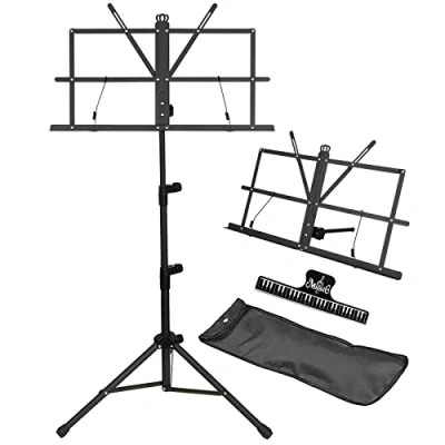 Image of GLEAM Music Stand 2 in 1 Dual Use Desktop Book Folding Holder Portable and Lightweight with Sheet Clip &amp; Carrying Bag Suitable for Instrumental Performance (Black)