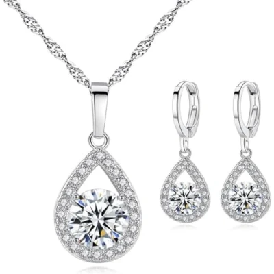 Image of TOEECY Jewellery Set for Women Crystal Pendant Necklace Earring 925 Silver Cubic Zirconia Gift Wedding Bridal Bridesmaid (White)