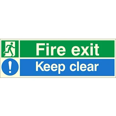 Image of 2 x Glow In The Dark Fire Exit Keep Clear Multi Signs 300mm 100mm Rigid Plastic