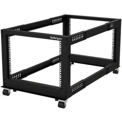 Image of StarTech.com 4 Post 8U Mobile Open Frame Server Rack, 19in Network Rack with Wheels, Small Rolling for Computer/AV/Data/IT Equipment, Casters, Leveling Feet or Floor Mounting (4POSTRACK8U)