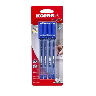 Image of Kores Blue Ballpoint Pens K1, 1mm, Triangular, Fade Resistant, Smudge Proof Ink Back to School Supplies, Crafts and Writing Pens, Multipack Set of 4