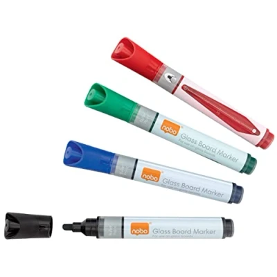 Image of Nobo Liquid Ink Glass Whiteboard Pens, 3mm Bullet Tip, 4 Pack, Dry Erase Markers, Assorted Colours, 1905324
