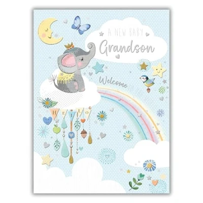Image of Noel Tatt New Grandparents Baby Grandson Birth Congratulations Card Elephant and Rainbow Embossed with Foil Details Eco Friendly Recyclable