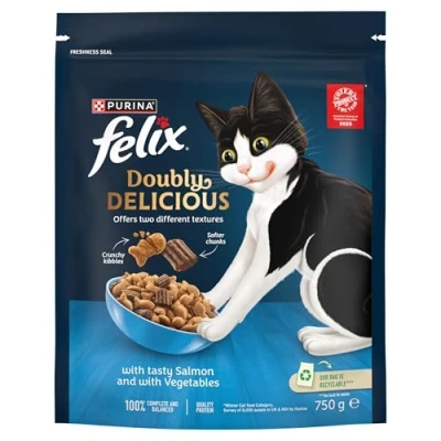 Image of FELIX Doubly Delicious Salmon &amp; Vegetables Dry Cat Food 4x750g