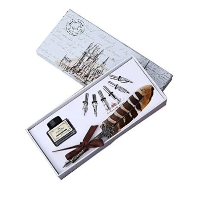 Image of Feather Quill Pen Set English Calligraphy Writing Dip with Ink And 6 Nibs,Stationery Gifts For Beginners Adults Kids