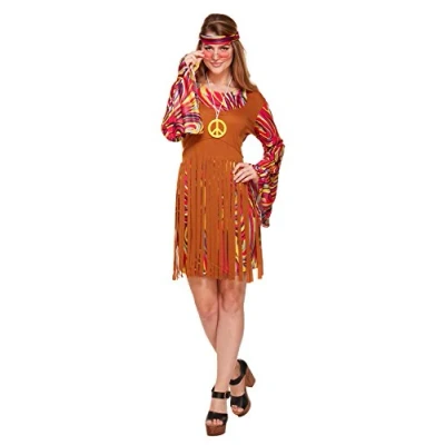 Image of  Henbrandt Adult Women’s Hippie Dress with Tassels Fancy 60s 70s Boho Red and Yellow Hippy Fringe Matching Patterned Headband Ladies Costume
