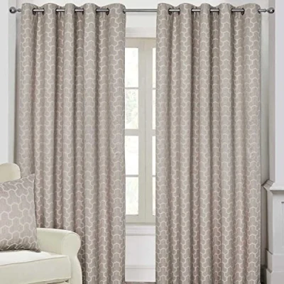 Image of HOMESCAPES Natural Geometric Blackout Curtains Pair Width 228cm (90&quot;) x 182cm (72&quot;) Drop Genuine 3 Pass Lining Heavy Weight Jacquard Eyelet Curtain
