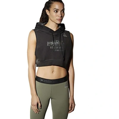 Image of Reebok Combat Glory Sleeveless Training Cropped Black Womens Hoody BK3879 Spandex Size Large