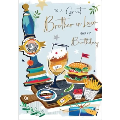 Image of Jonny Javelin Brother in Law Birthday Card Happy with Contemporary Pub Lunch Design and Embossed Foil Details for Men