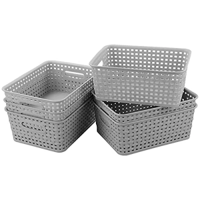 Image of Yarebest 6 pack Weave Storage Baskets, Plastic Grey Basket, Small Baskets