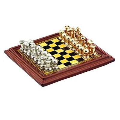 Image of MyTinyWorld Dolls House Miniature Wood Effect Chess Board With Metal Playing Pieces