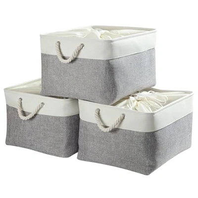 Image of Mangata Jumbo Storage Box set of 3, Canvas Fabric Baskets with Handles for Cupboards, Wardrobe, Shelves, Bathroom, Clothes, Toys, Towel (Foldable, 50x40x30 cm, Grey White)