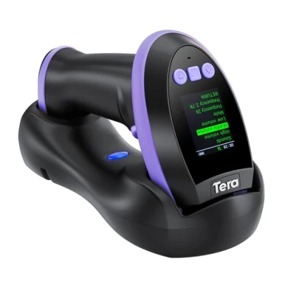 Image of Tera 2D Wireless Barcode Scanner: with Digital Setting Screen &amp; Keypad, Works Bluetooth 2.4G USB Wired 1D QR Handheld Image Bar Code Reader Cradle for Warehouse HW0009 Purple