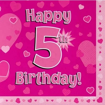 Image of Oaktree Happy 5th Birthday Pink 33cm x 3 ply Napkins 16pcs
