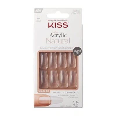 Image of KISS Salon Acrylic Natural Collection, Crystal, Long Length Square Fake Nails Includes 28 False Nails, Nail Glue, File, and Manicure Stick