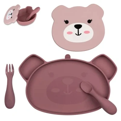Image of TUM Baby Dinner Set For Weaning Designed with Feeding Specialist Includes Silicone Divided Suction Plate, Lidded Bowl and Cutlery 6m+ Dishwasher Safe, BPA Free Betsy Bear Pink