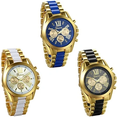 Image of JewelryWe Wholesale 3PCS Men&#039;s Roman Numbers Dial Two Tone Stainless Steel Watches