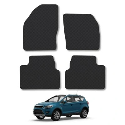 Image of Rubber Car Mats Compatible with Ford Kuga (2008 2012) Tailored Fit Floor Set Accessory Black Custom 4 Pieces Clips Anti Slip Backing, Heavy Duty &amp; Waterproof