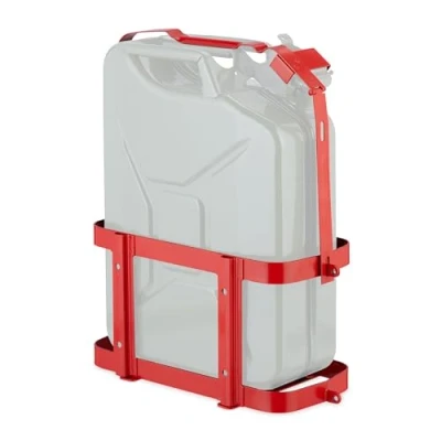 Image of Relaxdays Petrol Can Holder, 10 &amp; 20 L Spare Canister Bracket, Lockable, Car Motorbike Accessory, Mounted, Iron, Red, 49.5 x 42 21 cm