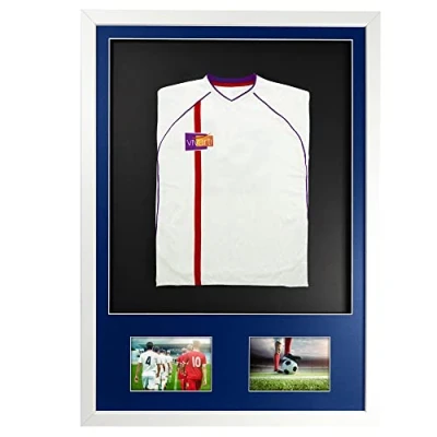 Image of Vivarti DIY Infant 3D Mounted + Double Aperture Sports Shirt Display Frame for Football Shirt, Rugby Band T Shadow Box 50x 70cm Gloss White Frame, Blue Mount, Black Backing Card