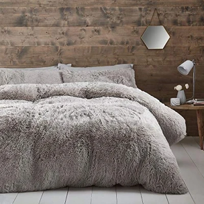 Image of Catherine Lansfield Cuddly Deep Pile Faux Fur Double Duvet Cover Set with Pillowcases Silver Grey