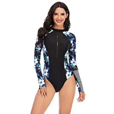 Image of BEACHKINI One Piece Swimsuit for Women Long Sleeved Swimwear with Front Zip Triangle Swimsuit,Blue Black,XXL