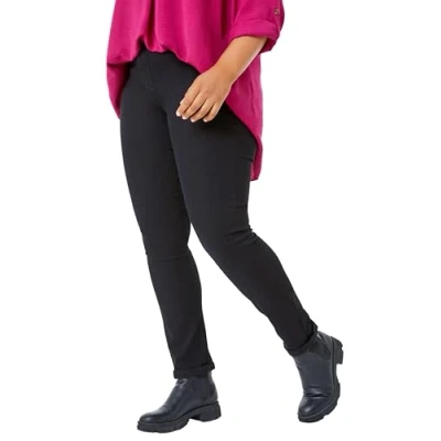 Image of Roman Originals Jeggings for Women UK Jean Ladies Stretchy Trousers Denim Leggings High Waist Rise Pull On Skinny Straight Leg Cotton Pants Smart Casual Plus Black (31 inch) Size 22