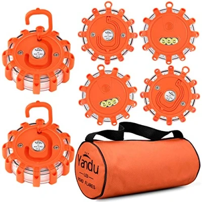 Image of Yandu LED Road Flares (6 PACK) Emergency Beacon Safety Flare Flashing Warning Light for Car Truck Boat with Hook and Magnetic Base (Pack of 6, Orange)